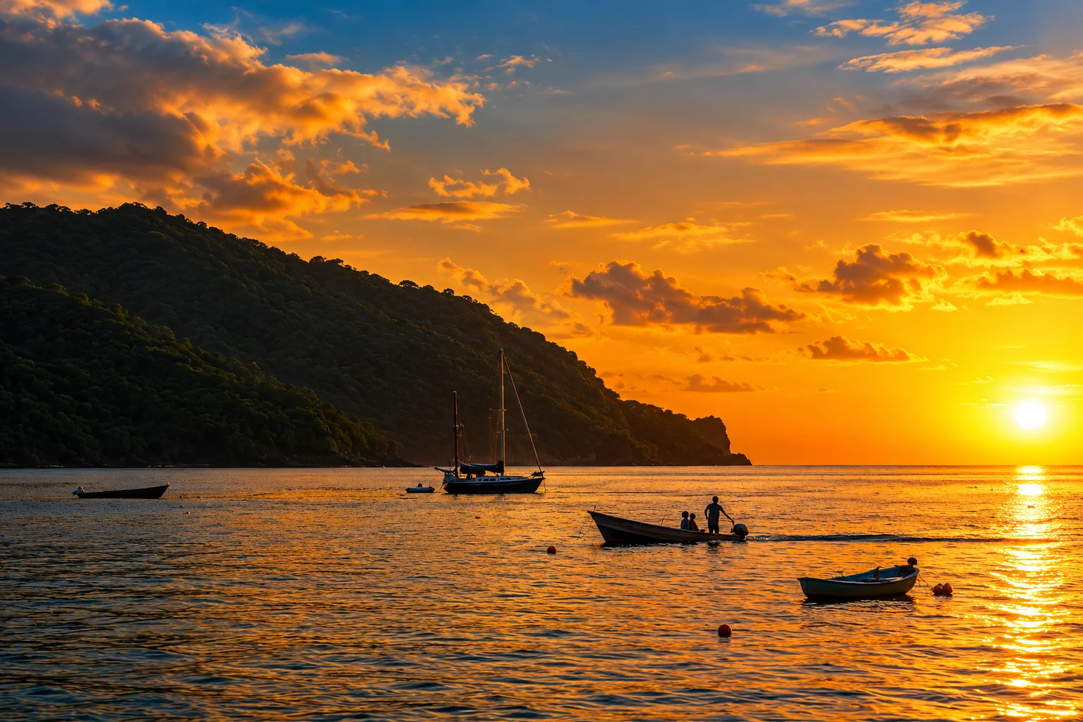 Golden sunset over a sheltered bay with anchored boats, a yacht and a forested headland
