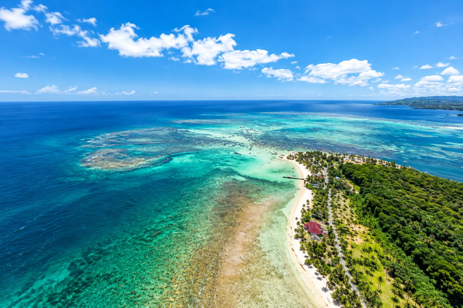 High aerial of a palm-lined shore with extensive turquoise reef flats offshore