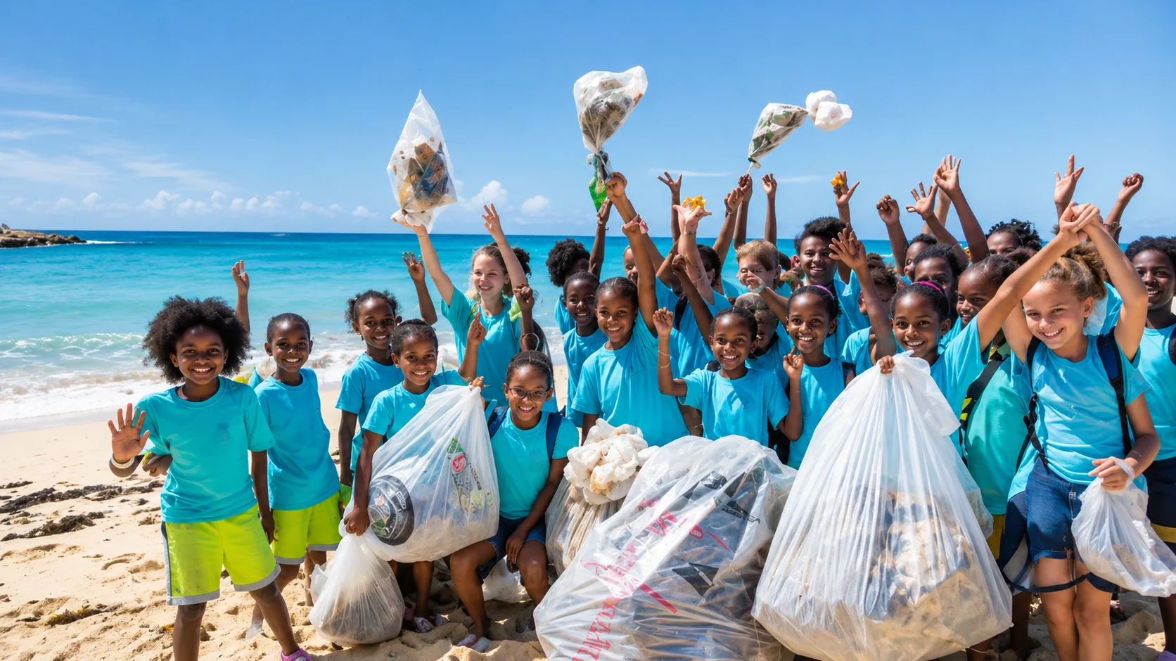 Children in blue shirts cheering at a beach clean-up