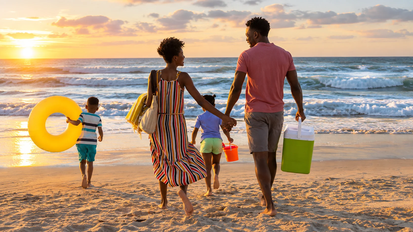 Family walking along the beach with beach gear