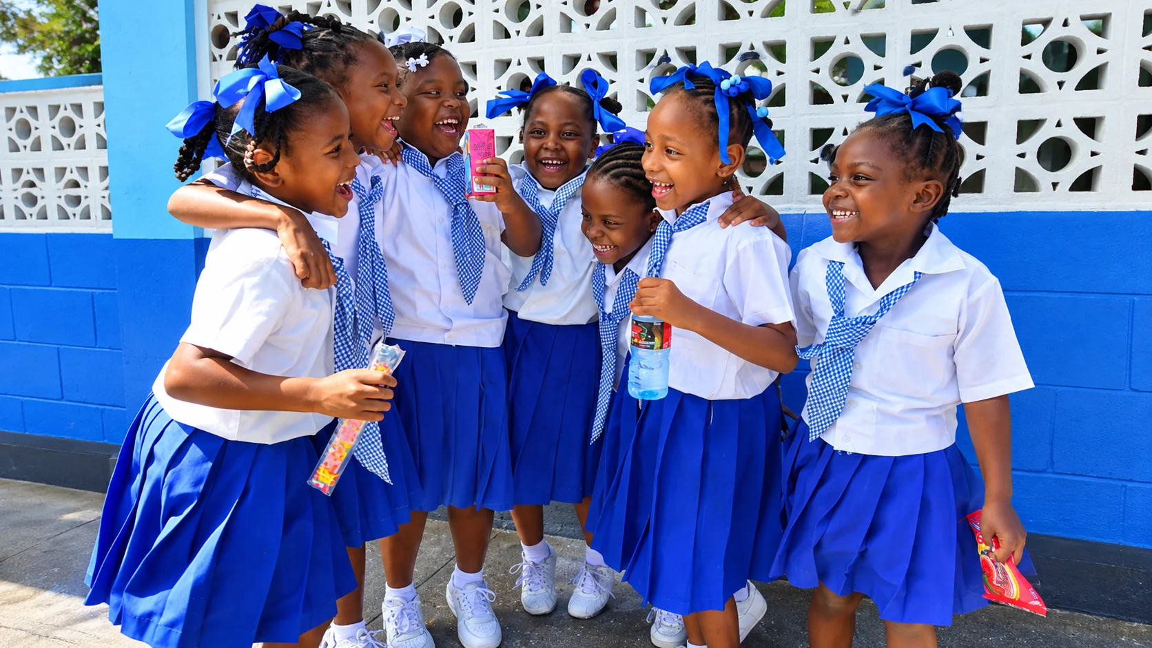 Group of Tobago schoolgirls in blue uniforms