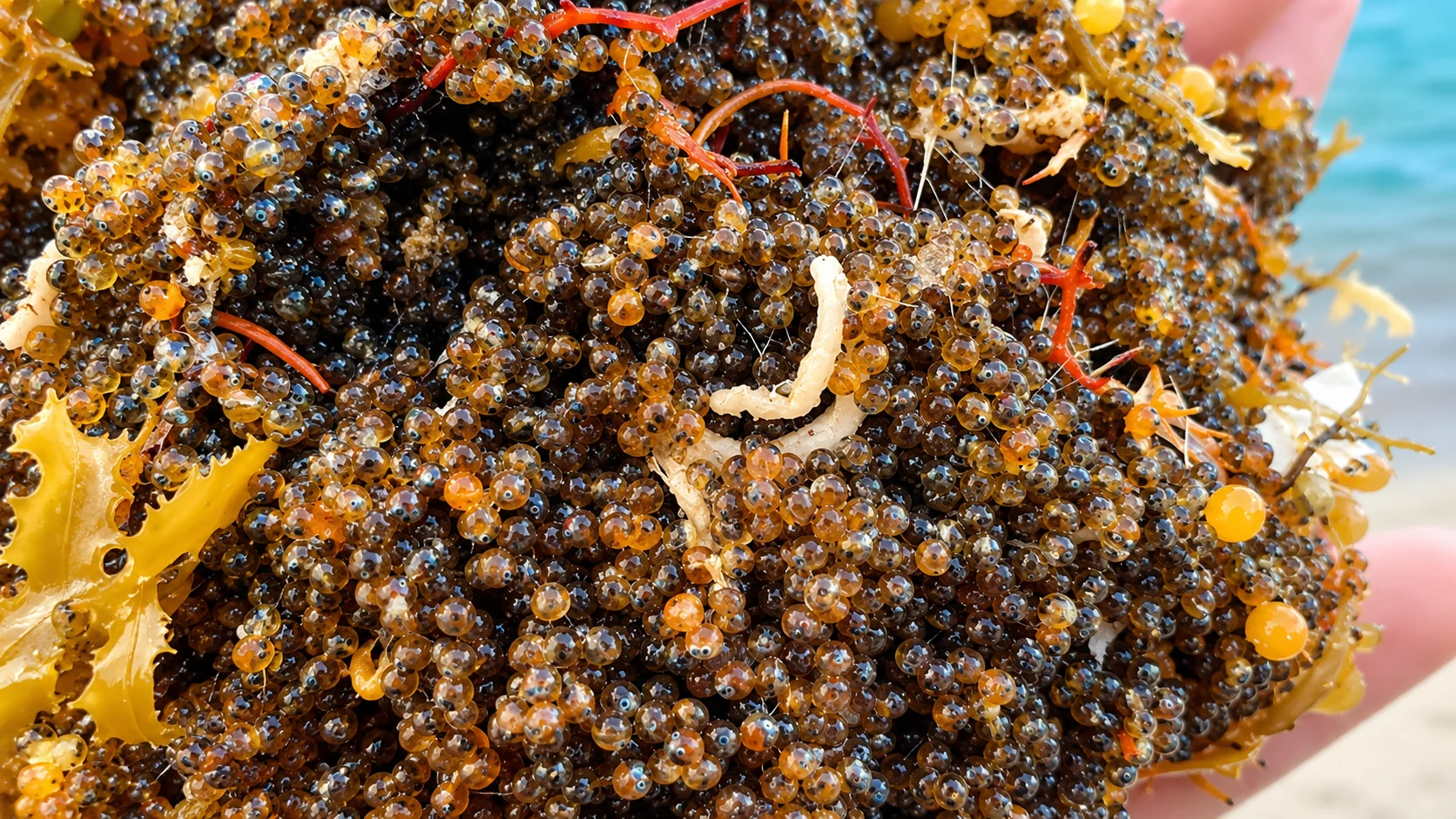Dense dark cluster of flying fish eggs on sargassum