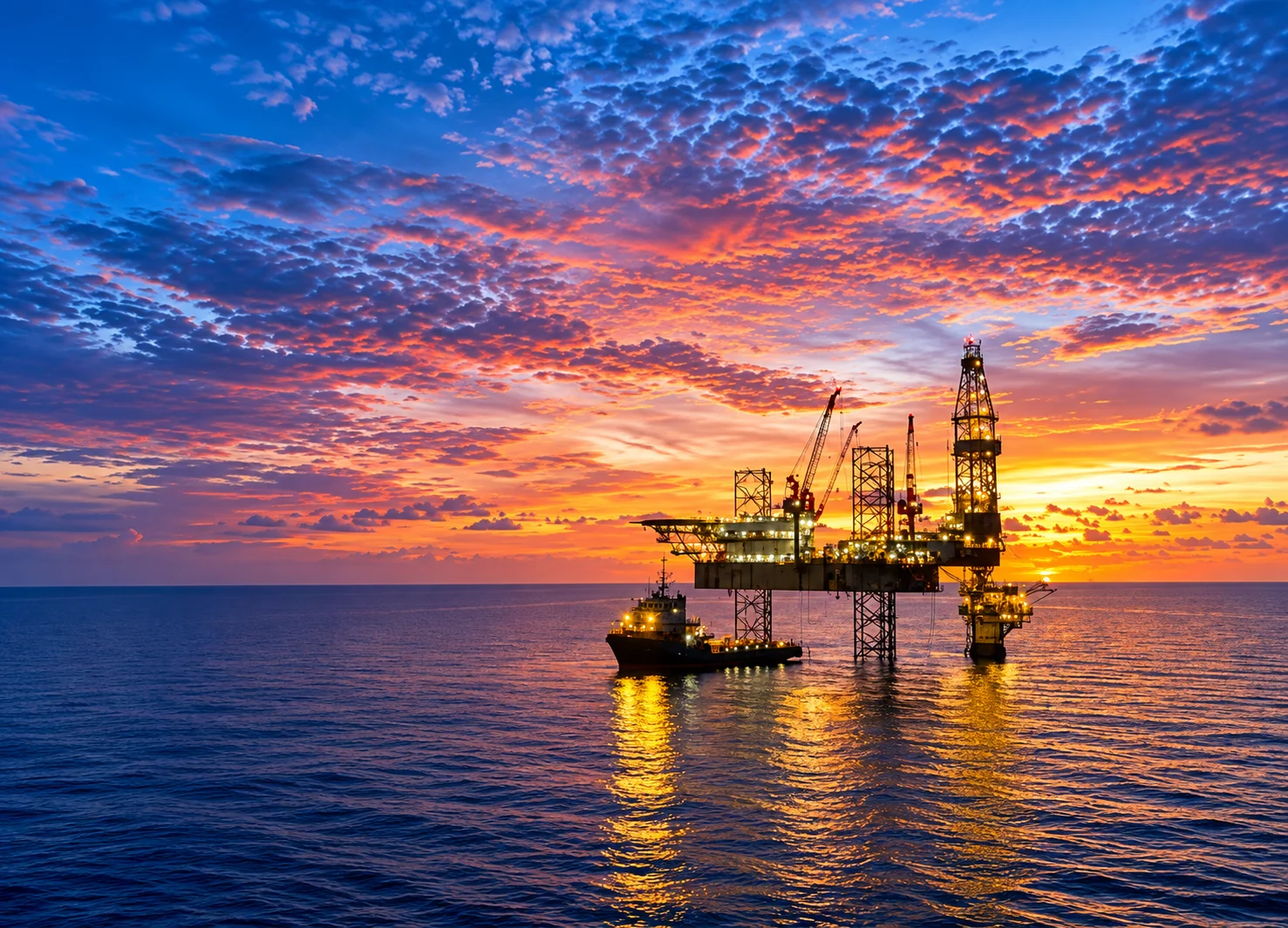 Offshore rig under a pink evening sky