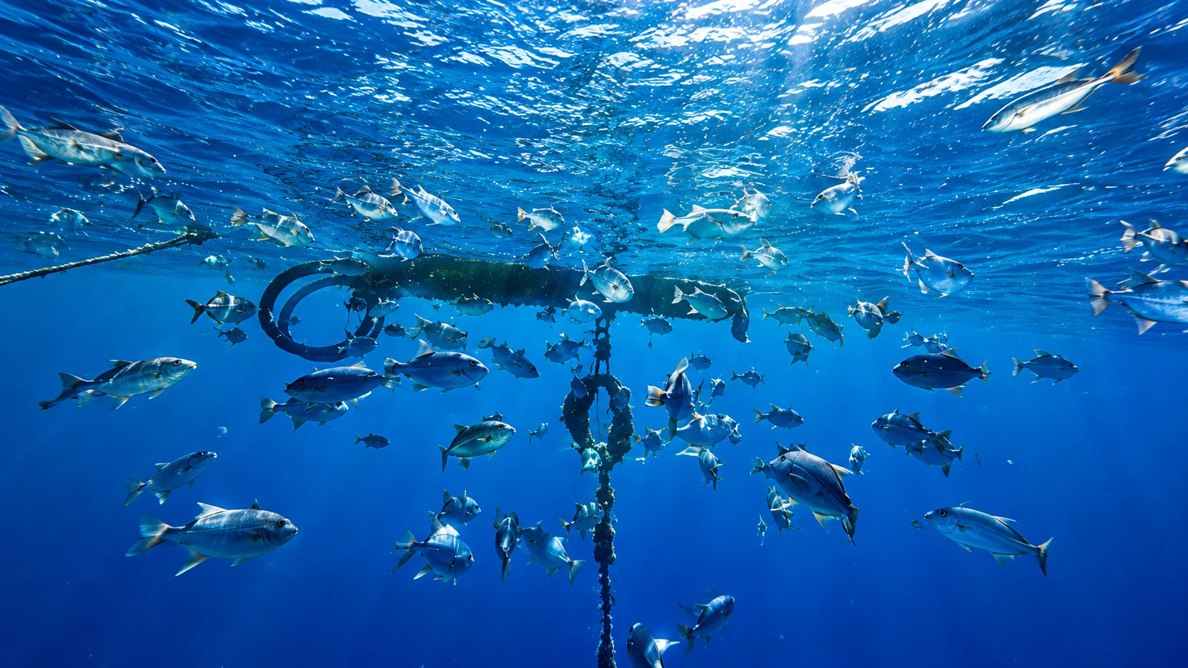 School of jacks gathered around a horizontal surface mooring line and chain, underwater