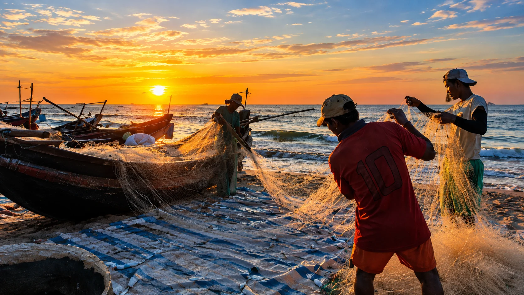 Fishermen hauling nets at sunrise, silhouetted