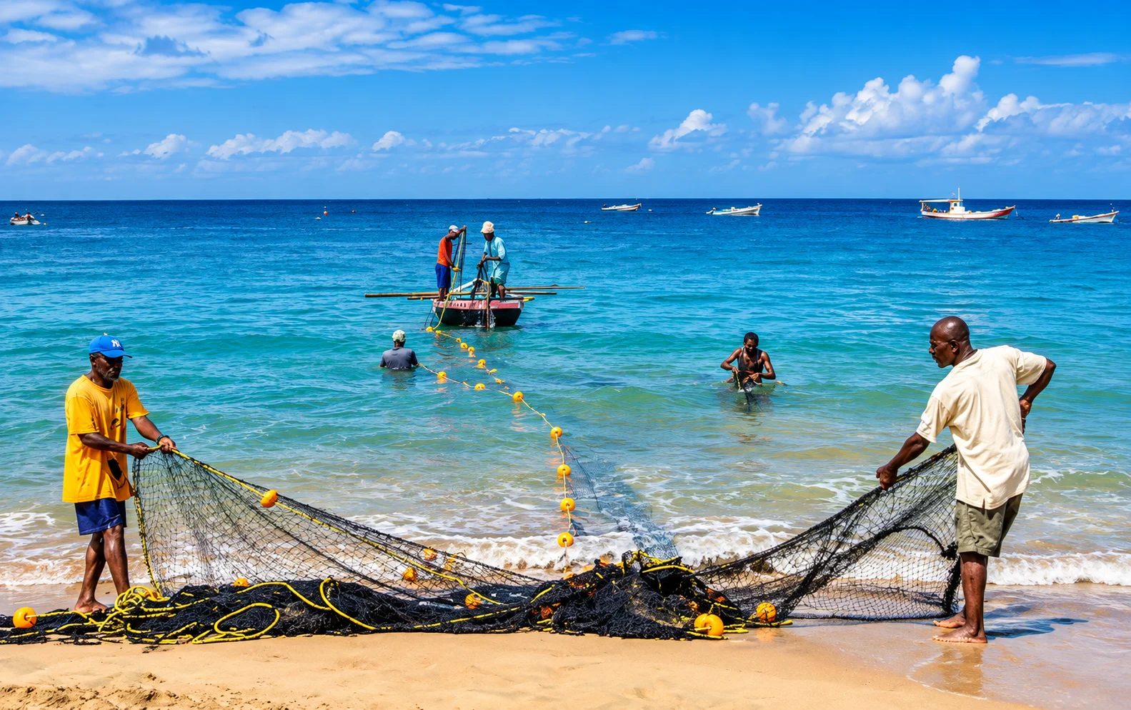 Tobago fishermen hauling a seine net on the beach