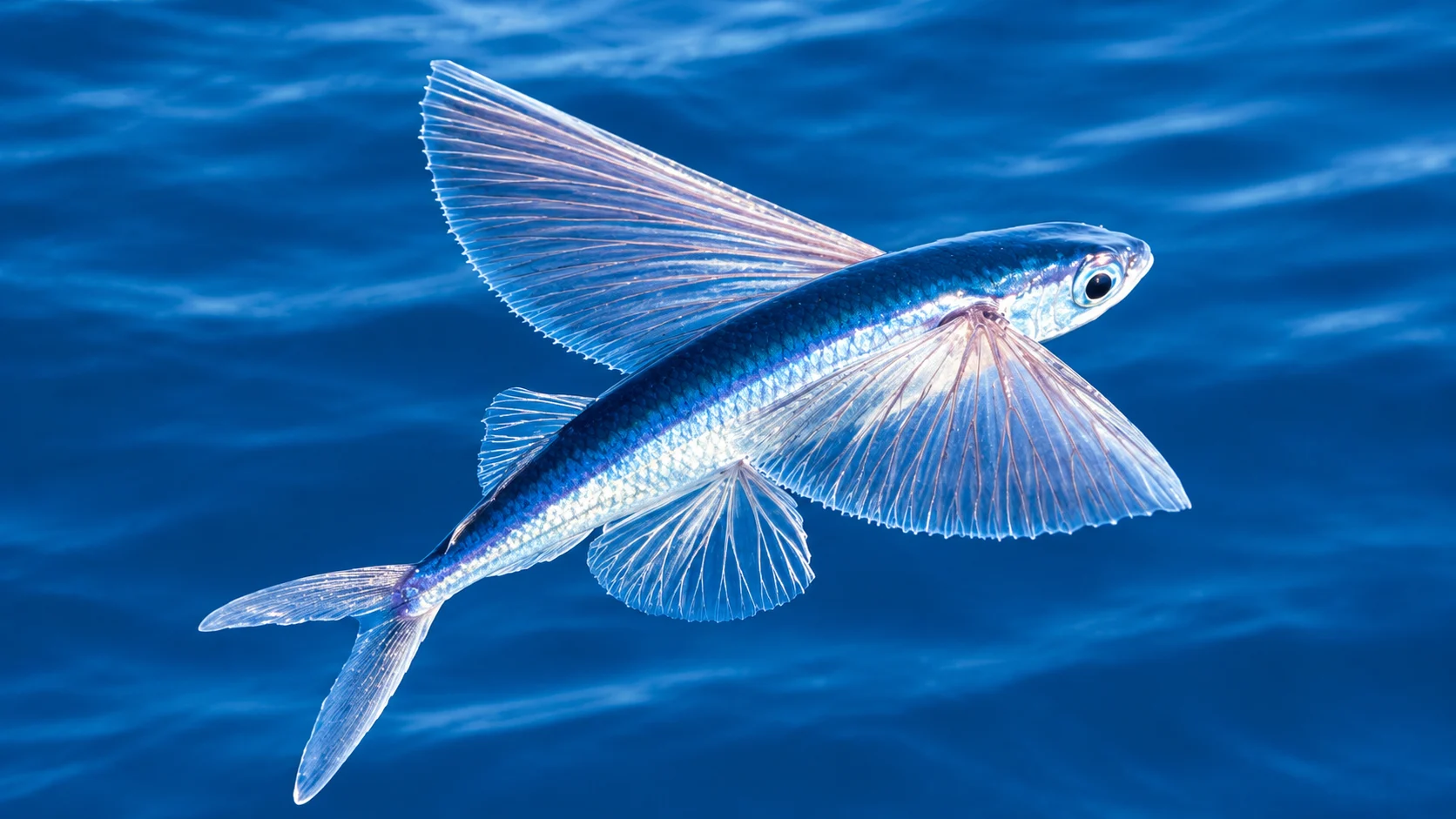 Flying fish with fins spread, underwater side view