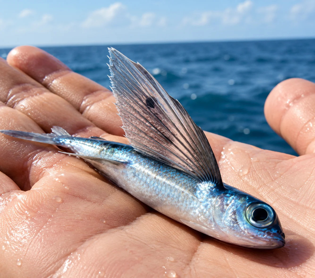 Juvenile flying fish held in hand at sea
