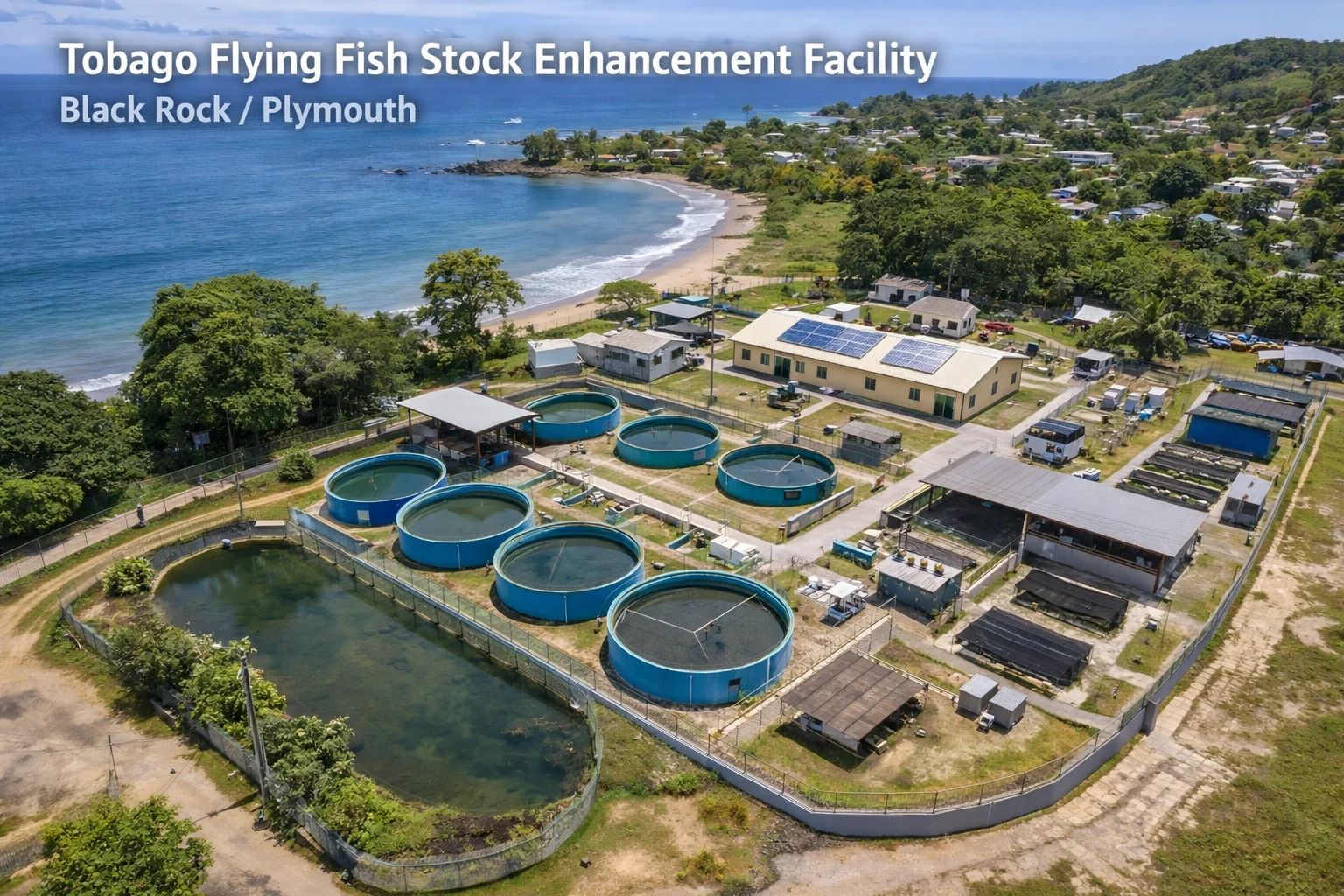 Titled aerial of the Black Rock / Plymouth stock enhancement facility with round tanks by the beach