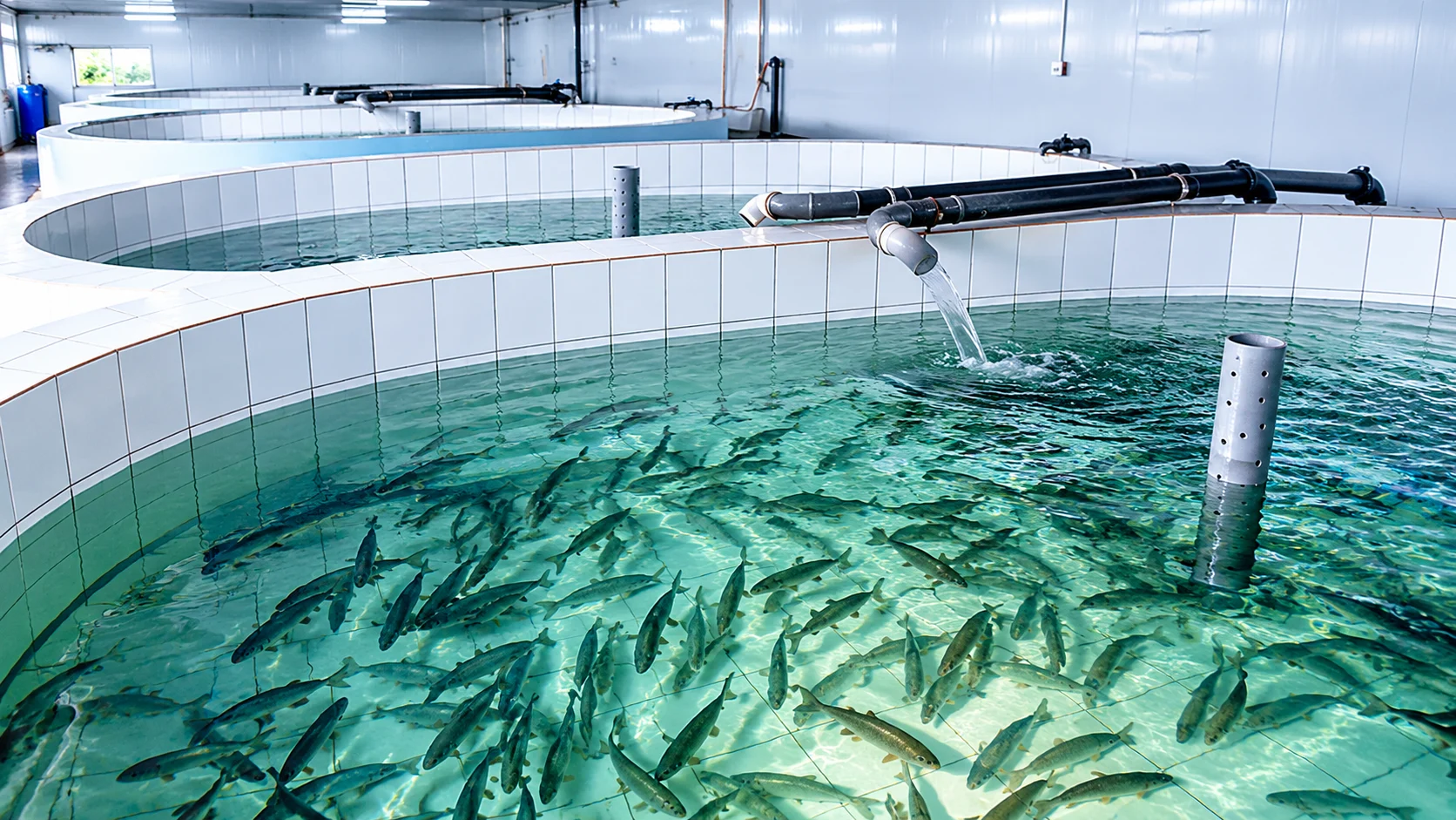 Indoor hatchery tanks stocked with fingerlings