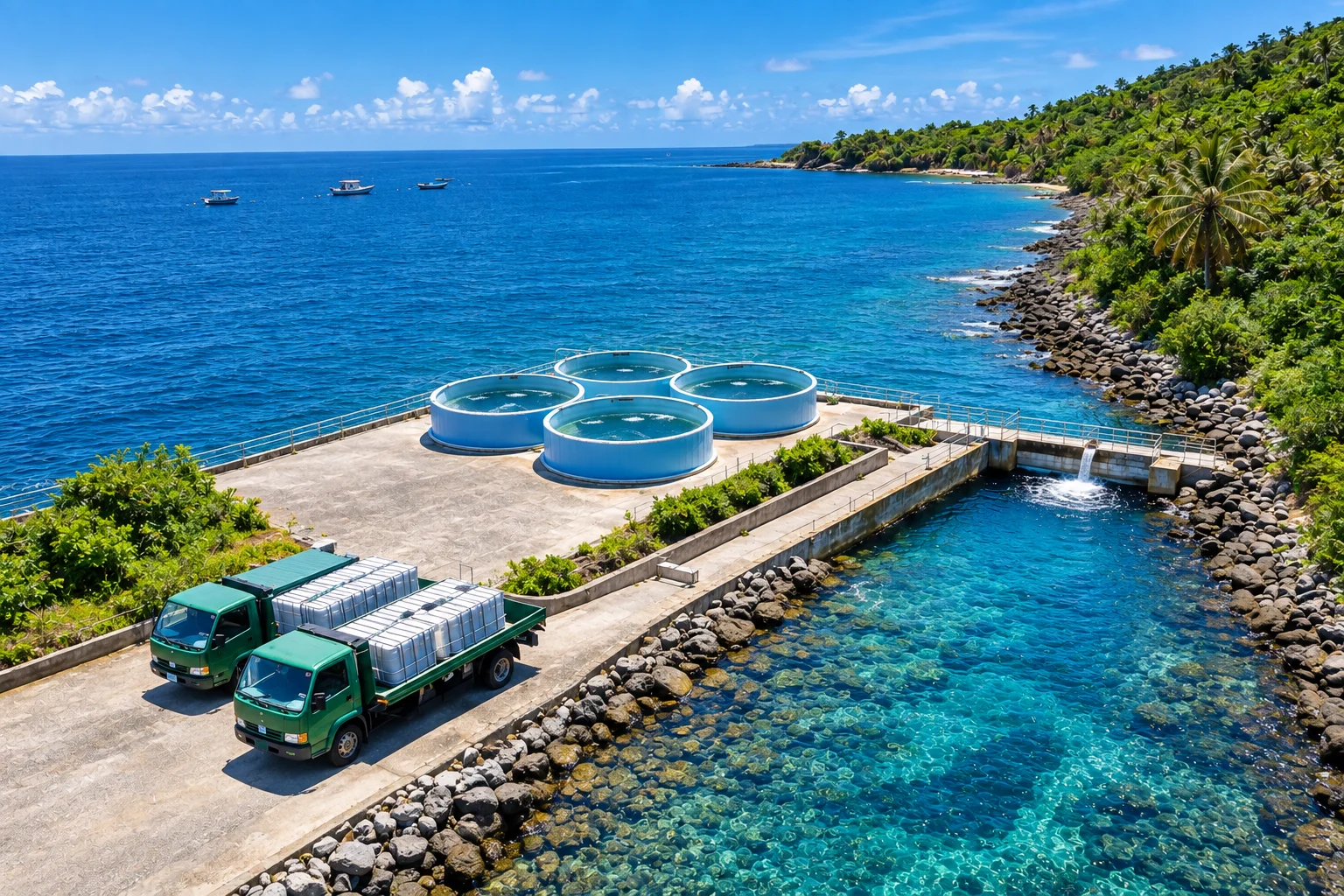 Aerial concept of flying fish release station with round tanks and jetty