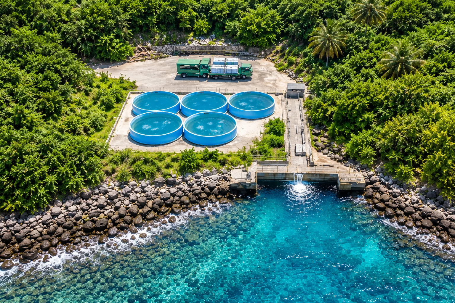 Top-down aerial of the same coastal release station, four blue round tanks, jetty and rocky shoreline