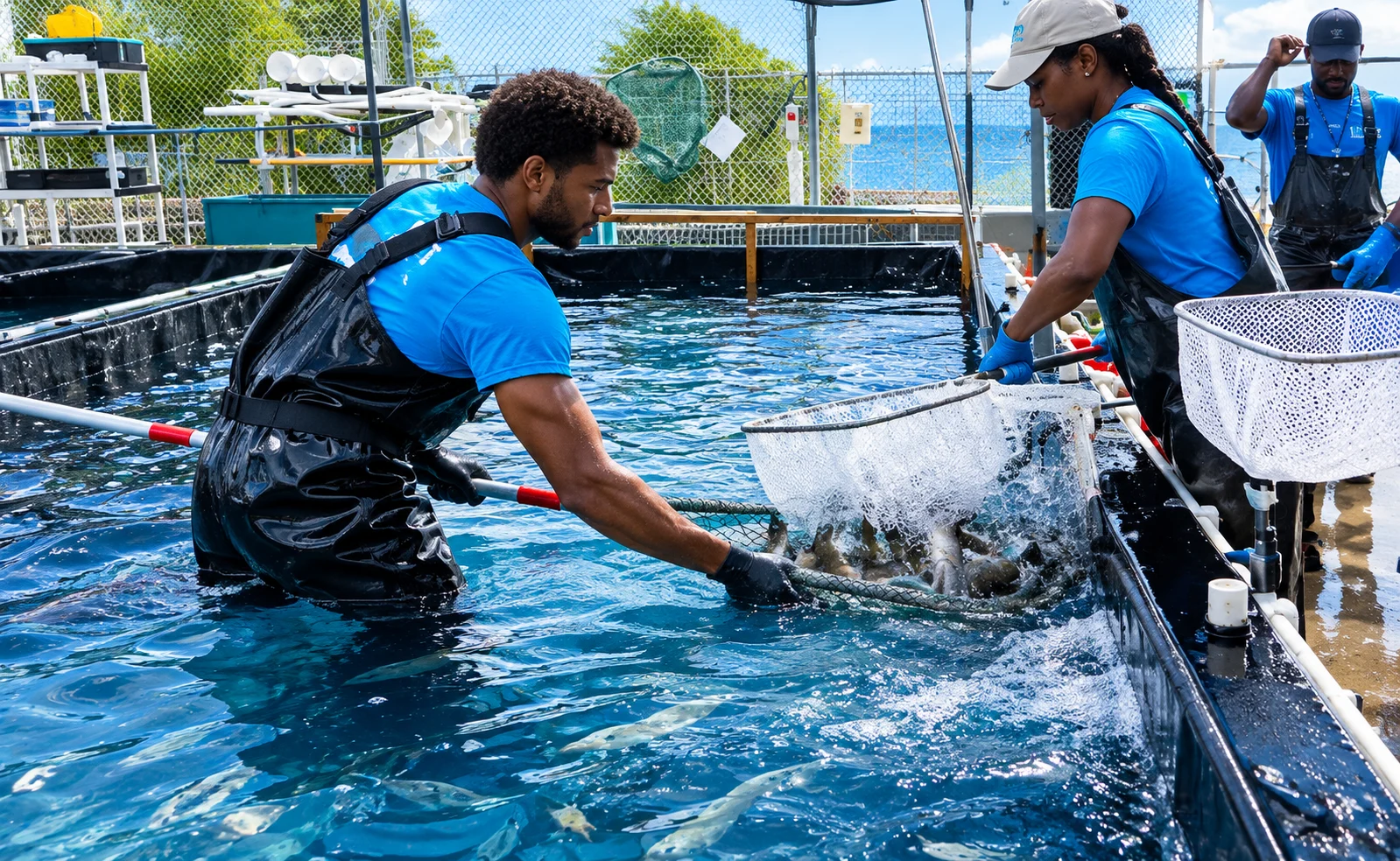 Hatchery staff netting fish in a raceway tank