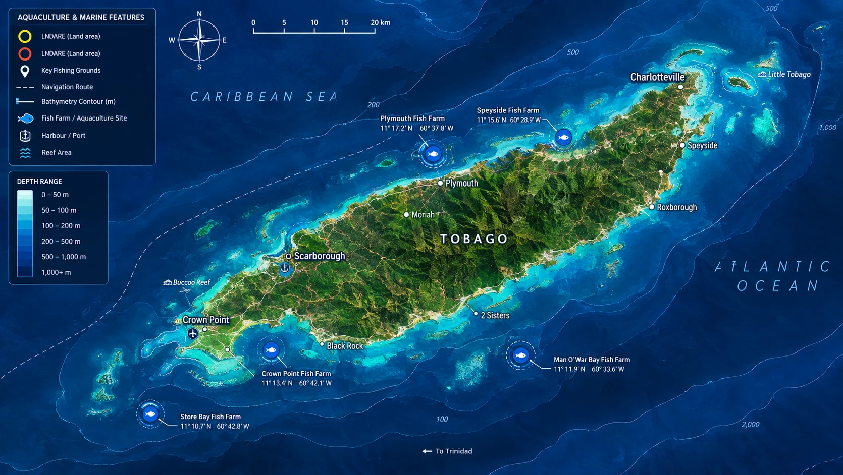 Nautical chart of Tobago with circled release sites