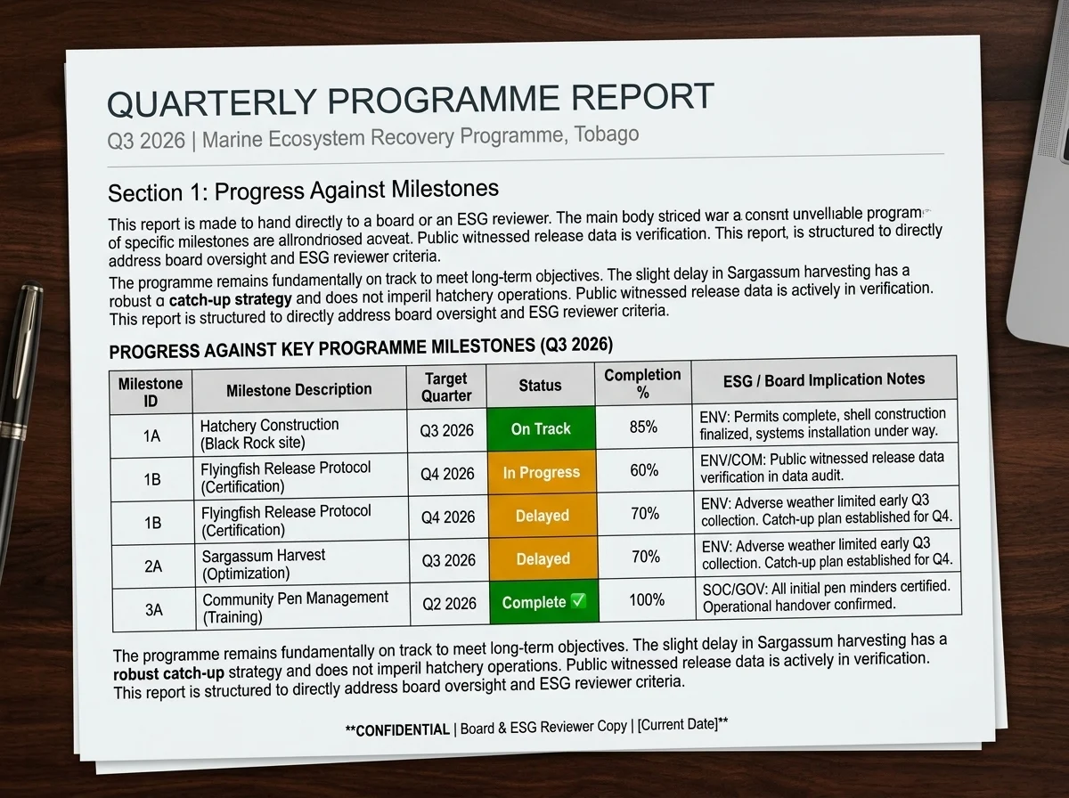 Printed Quarterly Programme Report Q3 2026 document on a desk, milestone status table