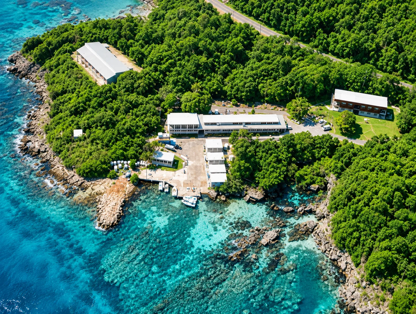 Aerial of a coastal marine science laboratory (Mona)