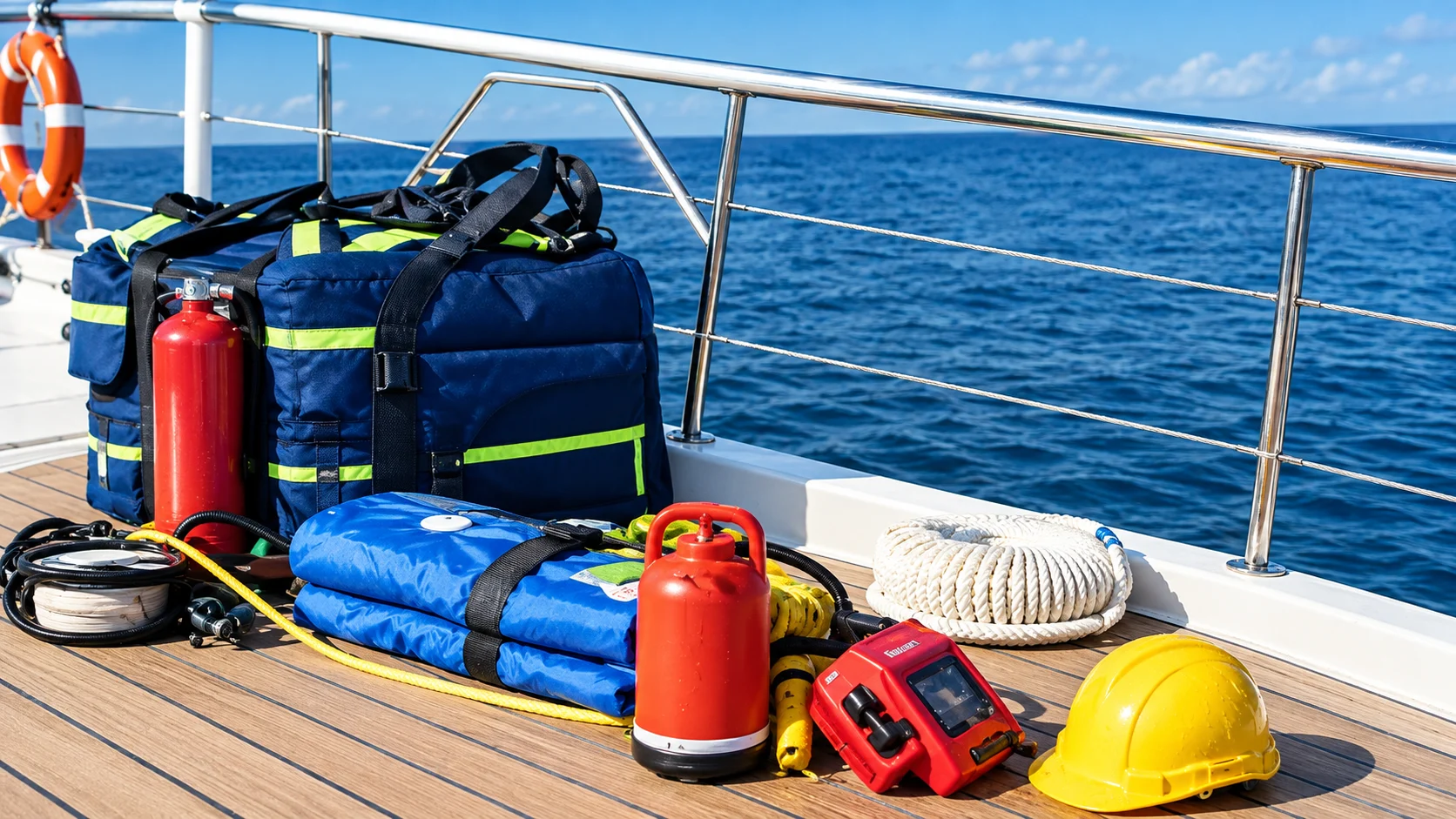 Boat safety essentials on deck with title text
