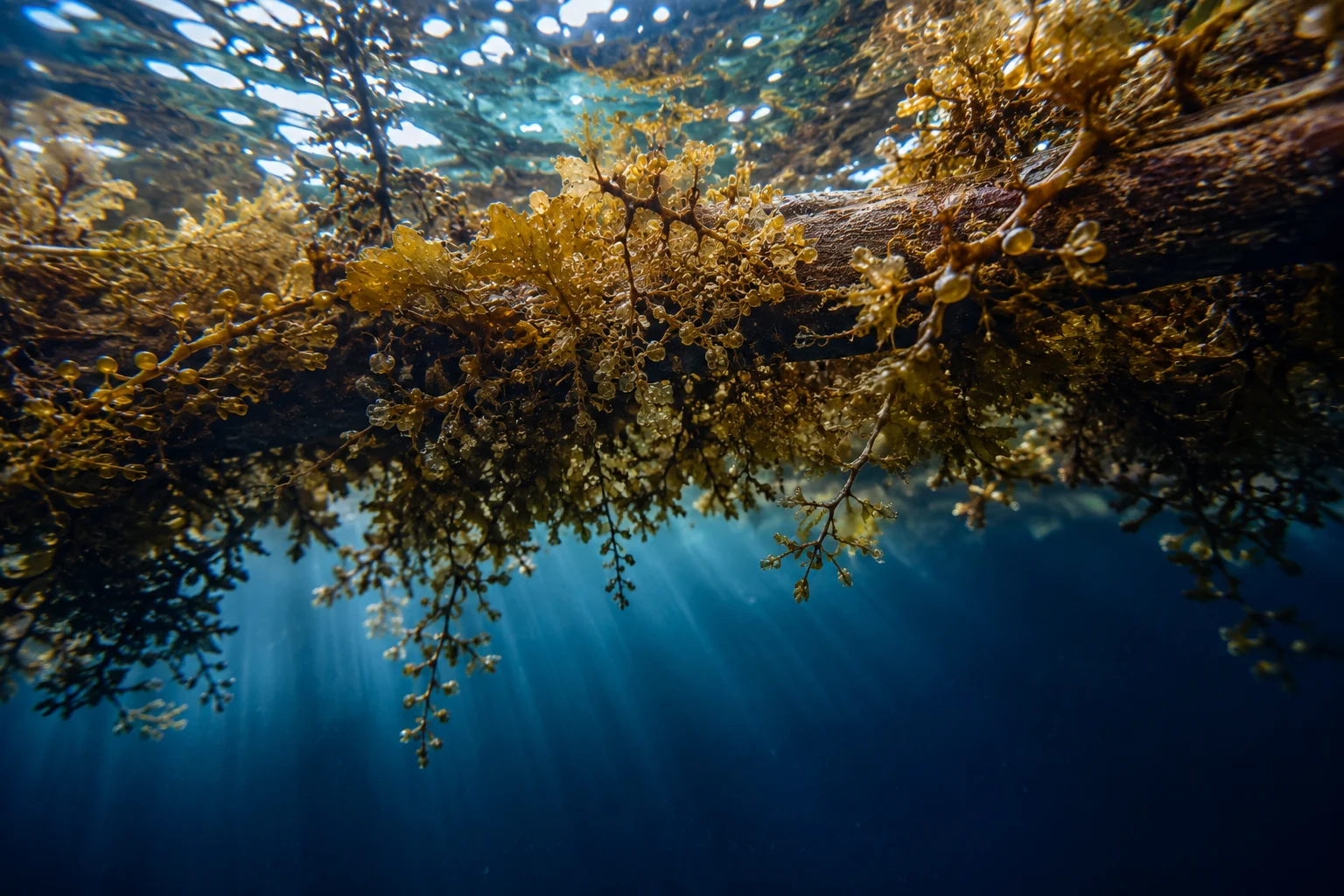 Sargassum raft seen from below with sunrays