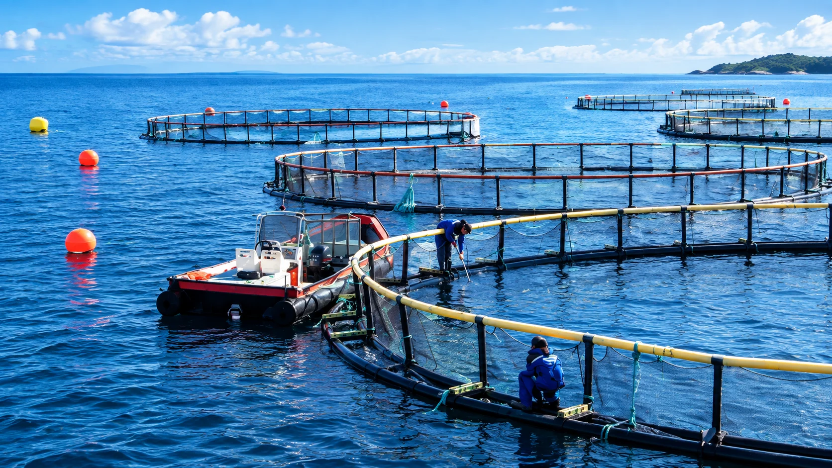 Boat crew maintaining a circular sea cage