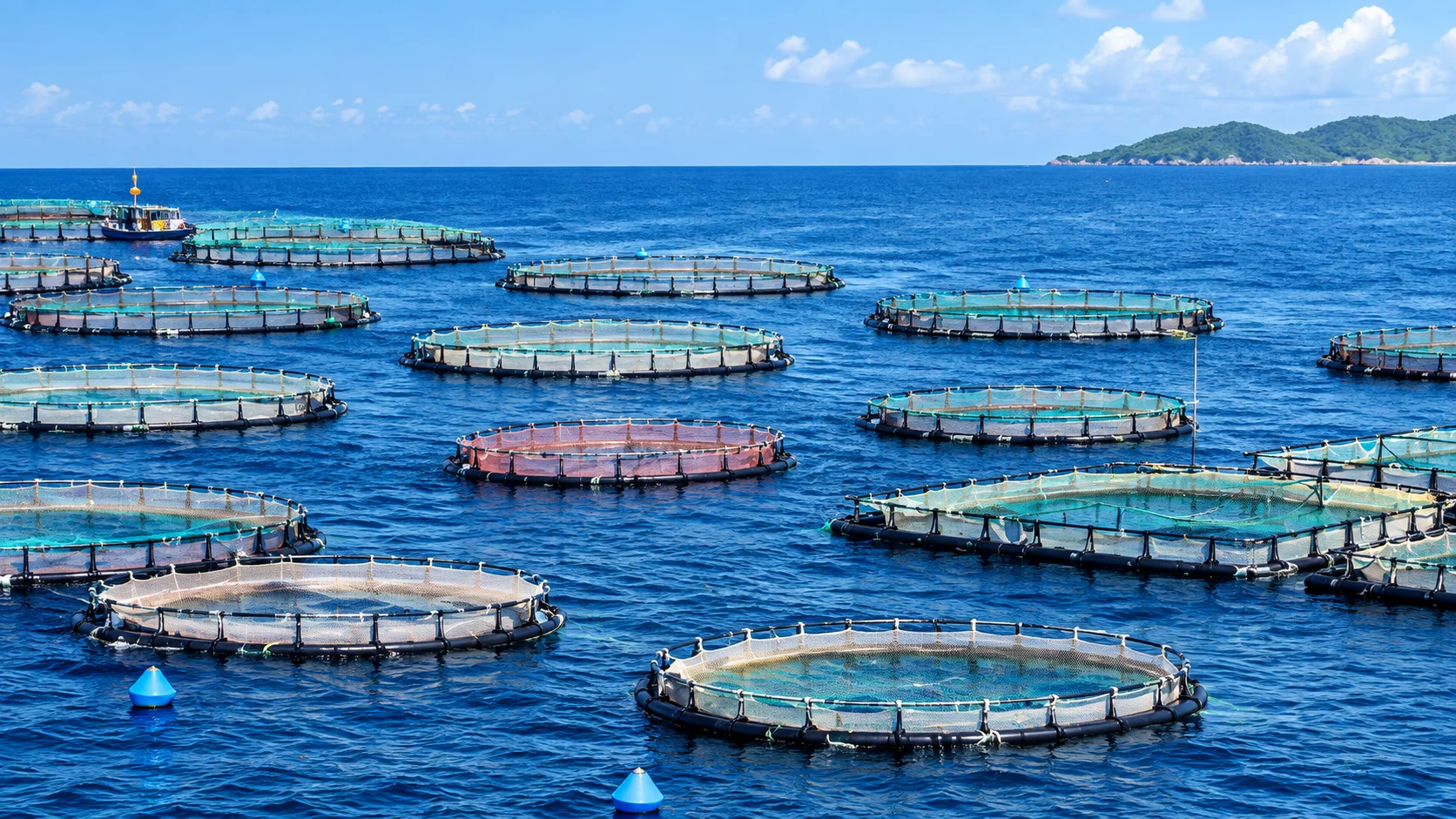 Cluster of circular sea cages at sea level