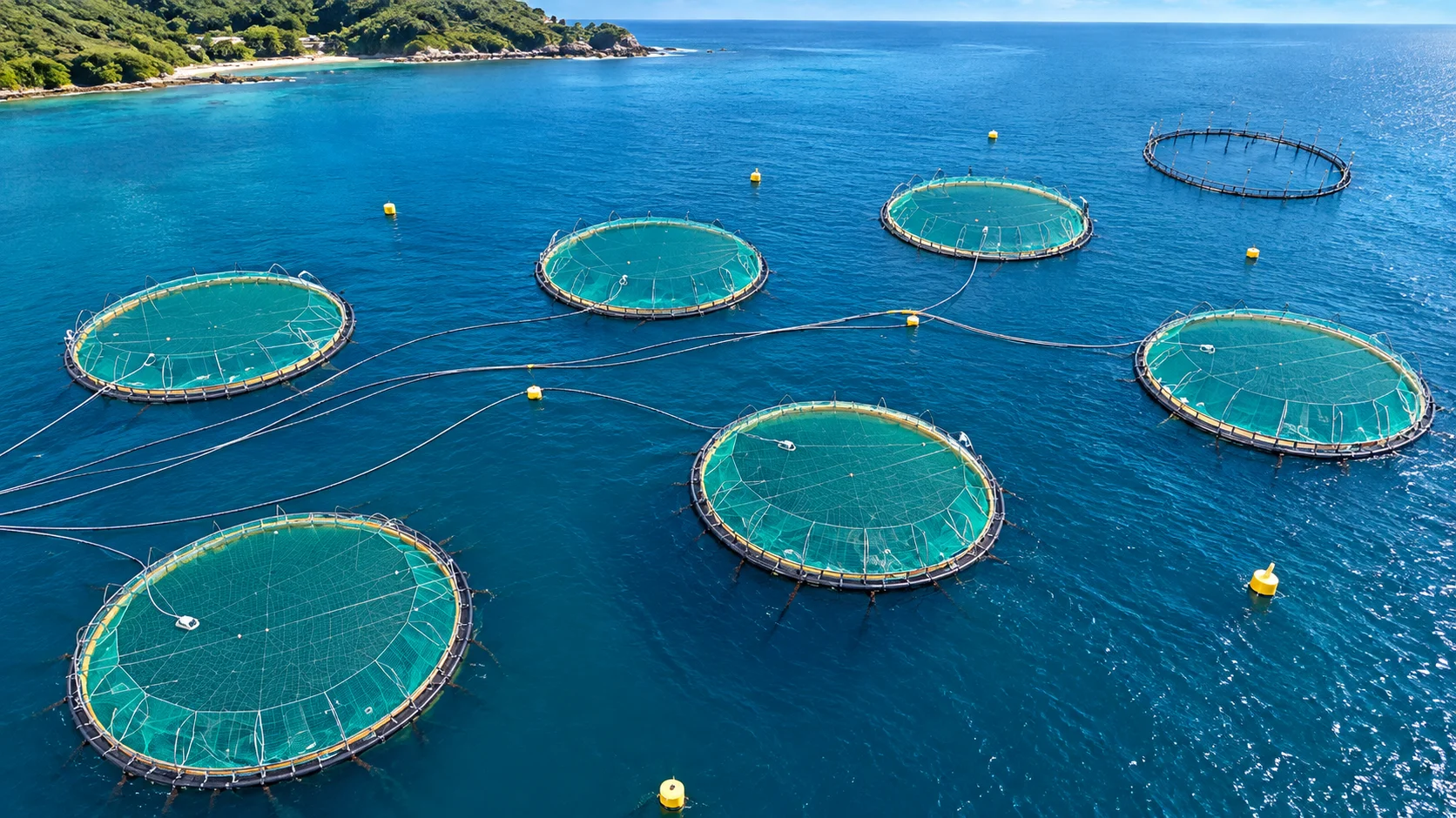 Circular sea pens off a green coastline, aerial