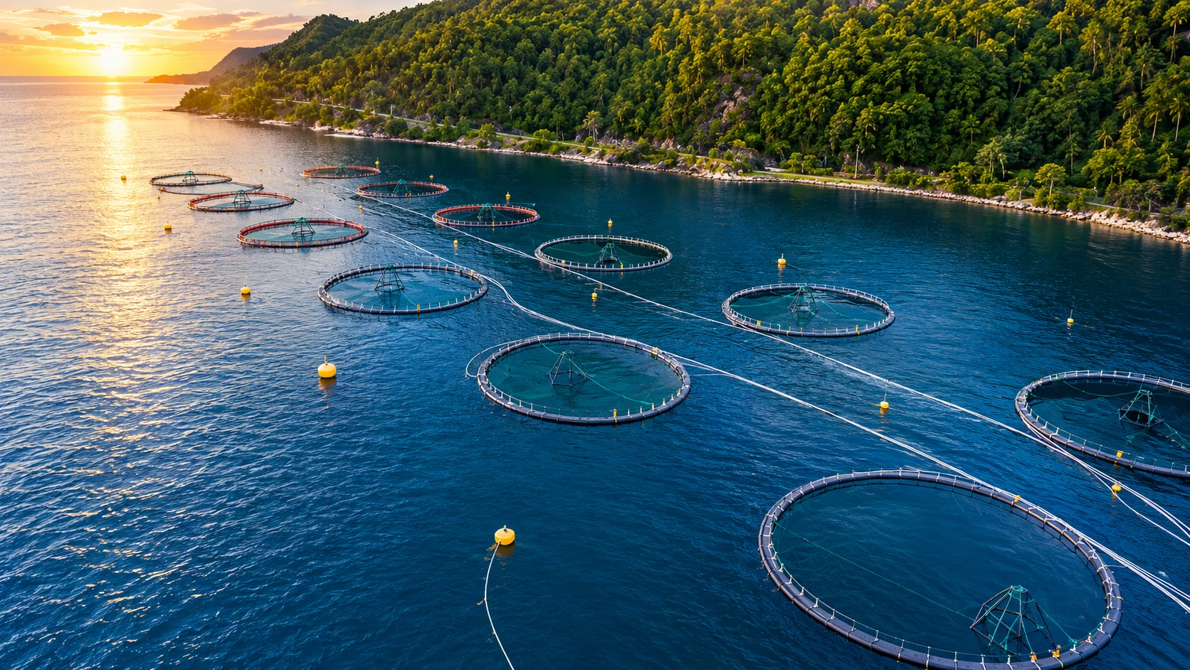 Circular sea pens off a green coastline, aerial