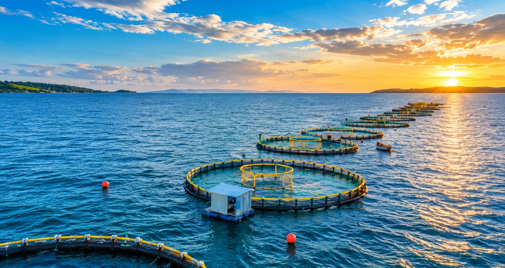 Row of sea cages stretching to the horizon at sunset