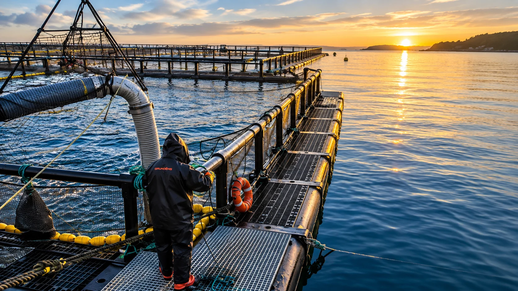 Worker on a sea pen walkway at sunset