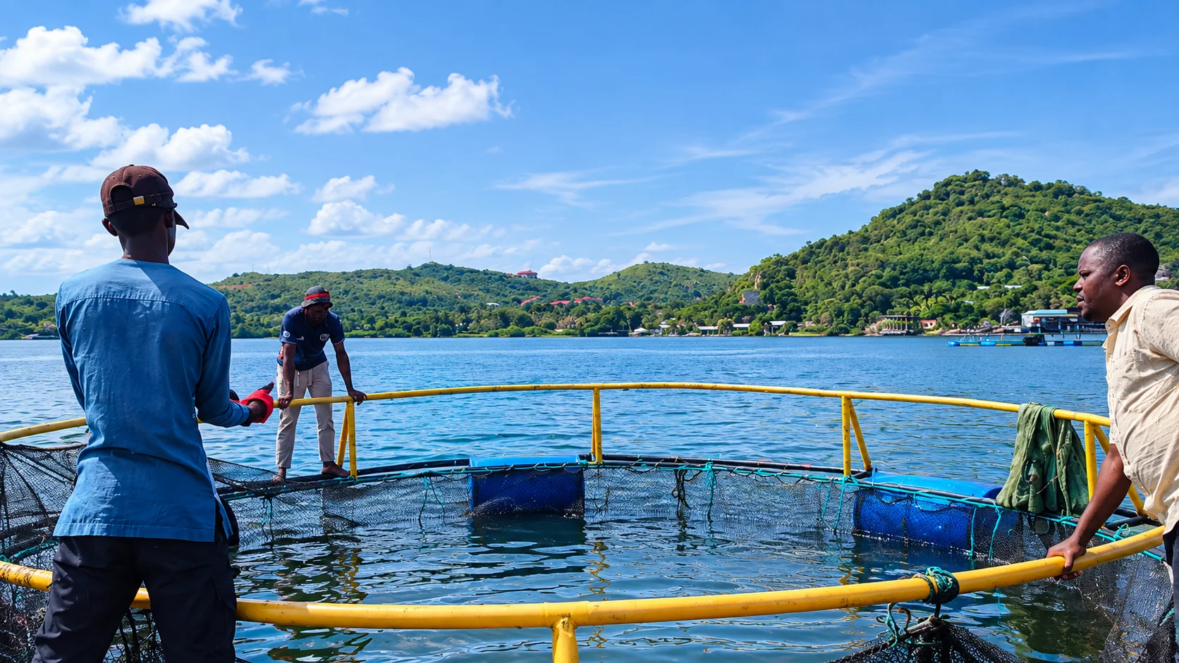 Workers checking a sea pen from the water