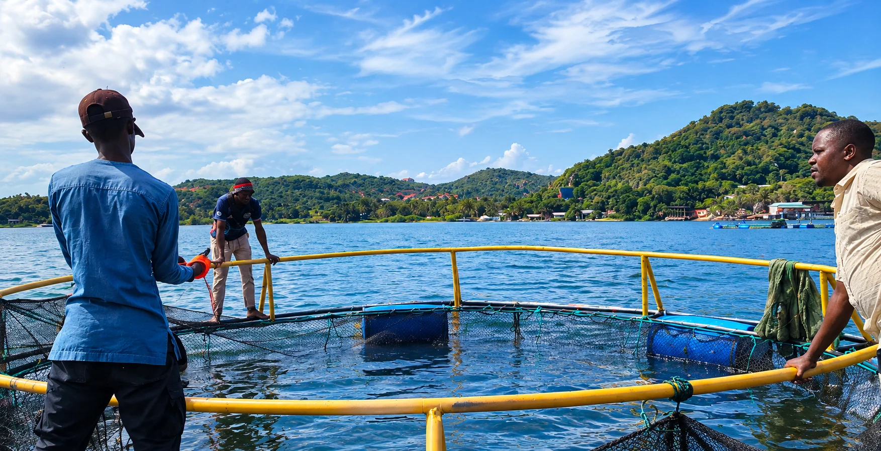 Workers checking a sea pen from the water