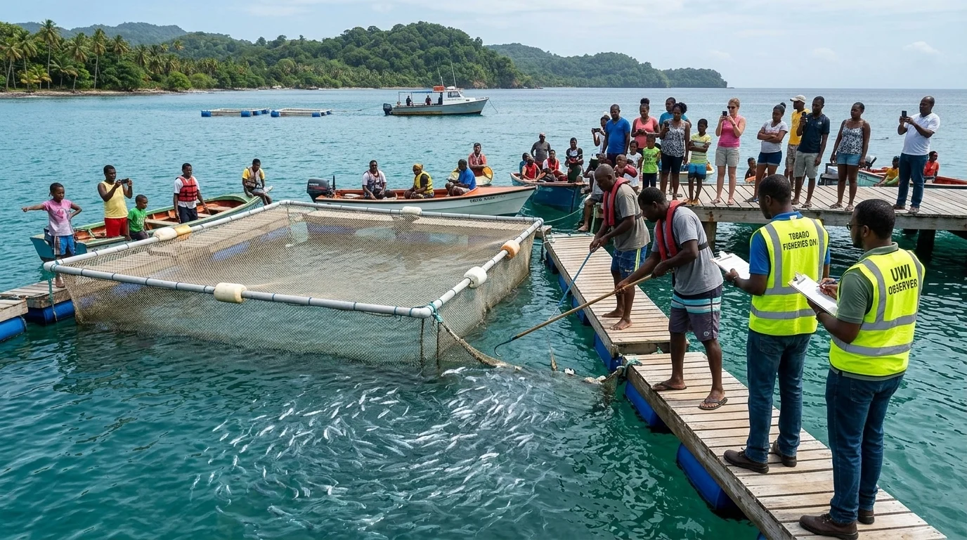 Community members witnessing a juvenile release at a sea pen