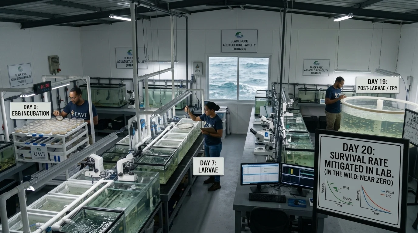 Container laboratory interior with day-by-day stage signs