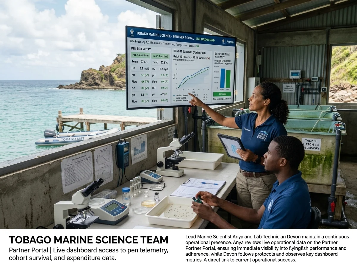 Tobago marine science team viewing the Partner Portal on a wall screen