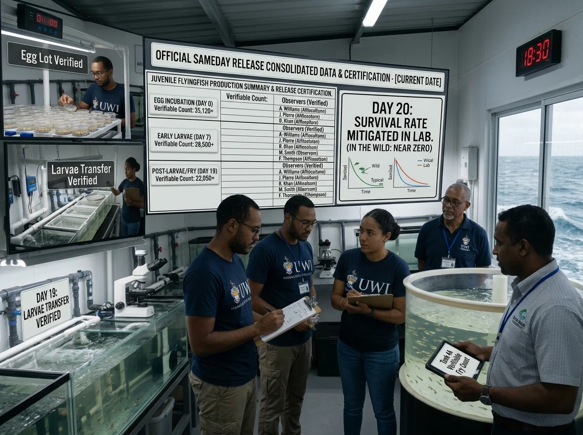 Team reviewing the same-day release certification board in the lab