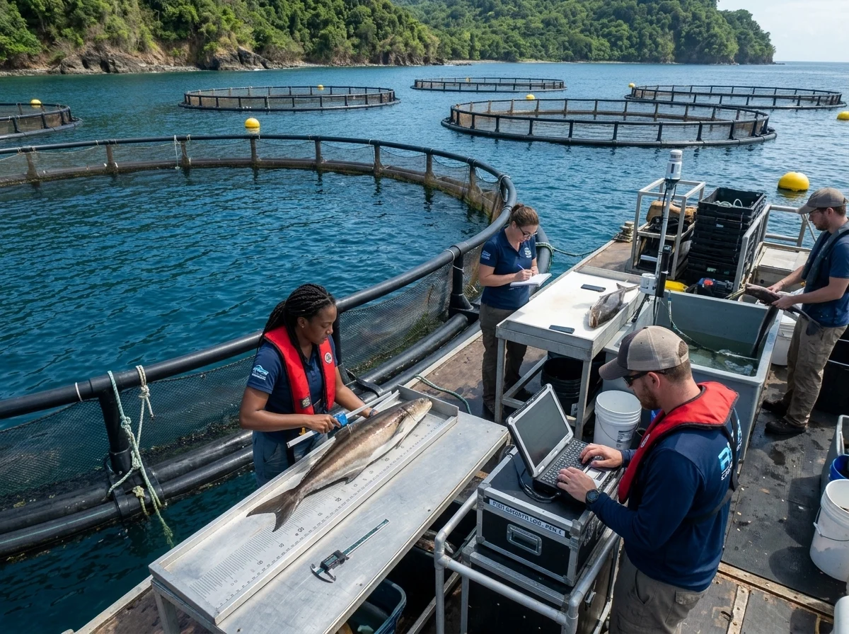 Scientists measuring a fish on a sea pen dock