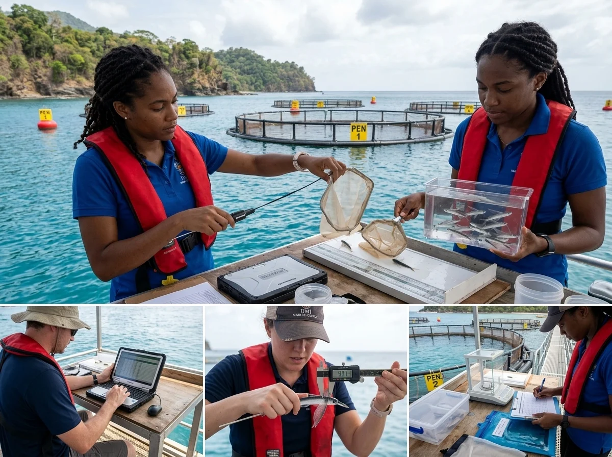 Collage of scientists sampling and measuring juveniles on a sea pen platform beside numbered pens