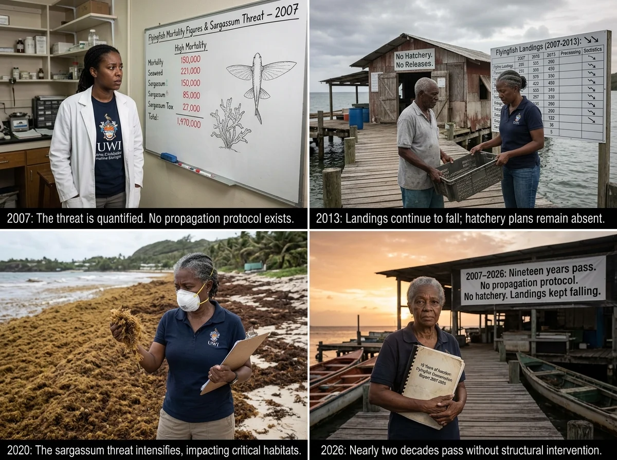 Four-panel 2007-2026 timeline of flying fish decline, sargassum threat and absent hatchery