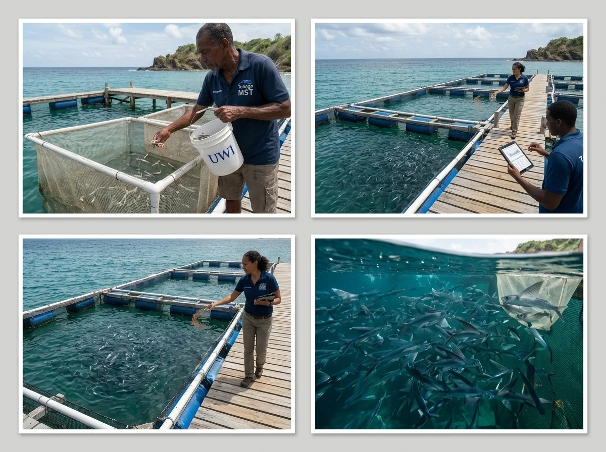 UWI scientist tending fingerlings in a sea pen, collage