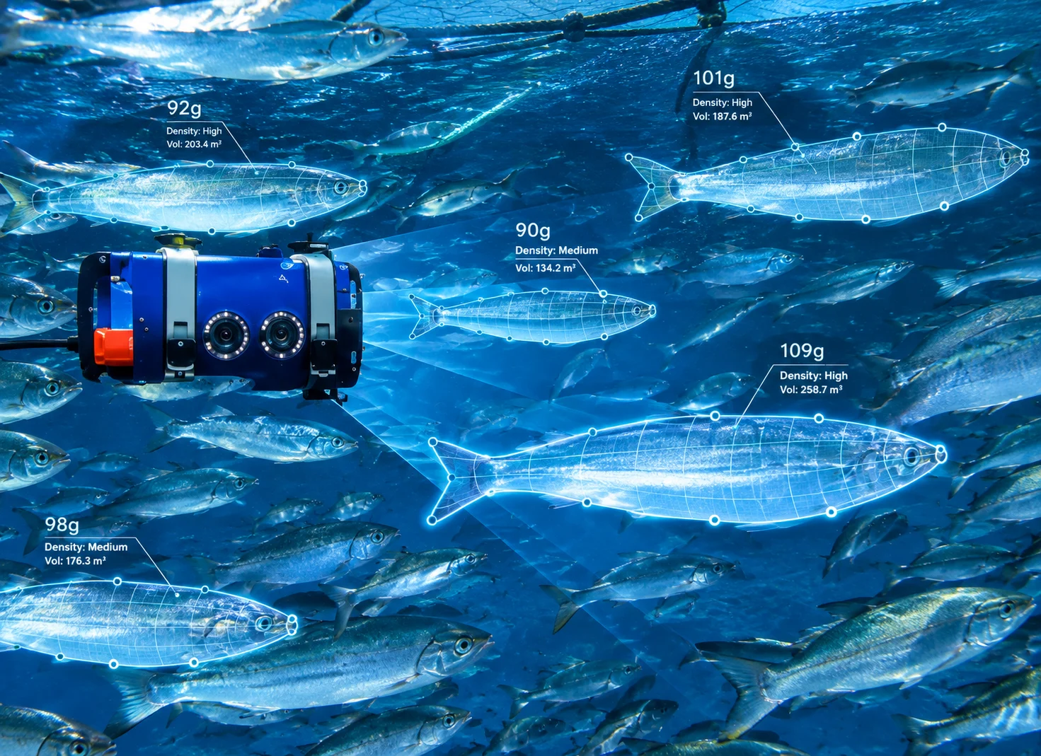 AI computer-vision overlay measuring fish in a school