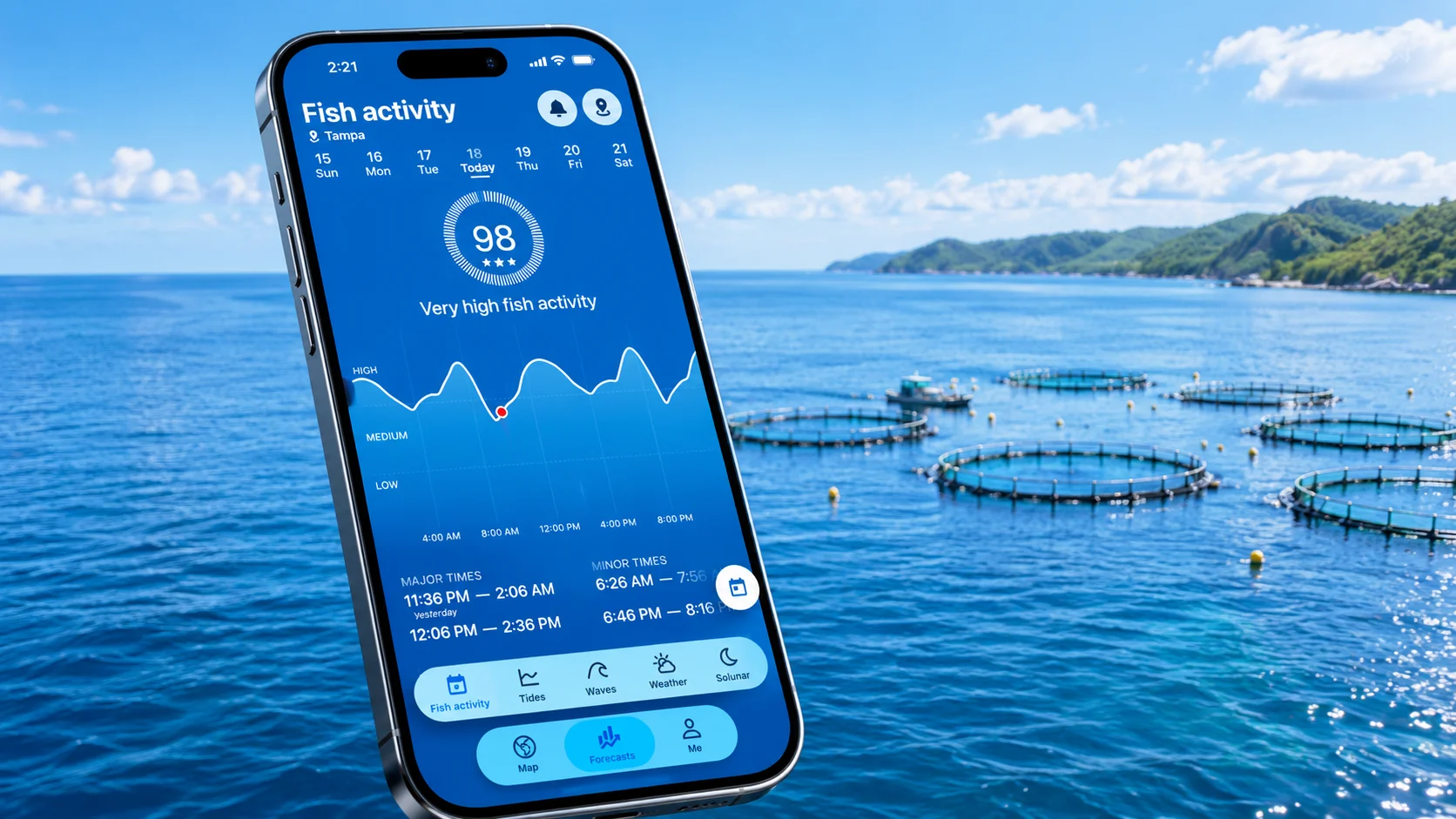 Phone mockup of a fish activity forecast app