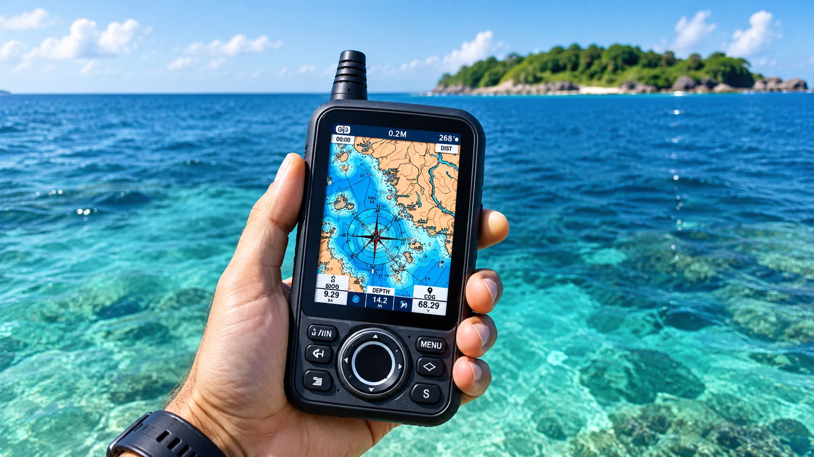 Handheld GPS unit held up over the sea