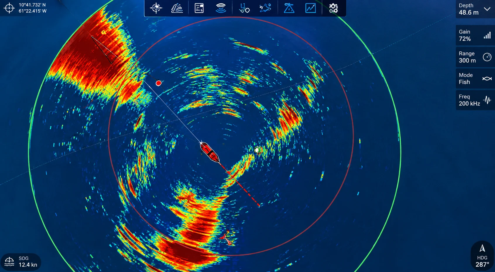 Omnidirectional sonar / fish-finder screen showing colour fish returns, range rings and vessel heading readouts